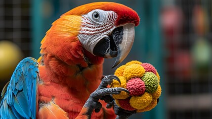 Parrot Playing with a Toy: A playful parrot engaging with a colorful toy, showing its playful nature and intelligence.