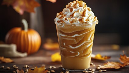 Sticker - Delicious pumpkin spice beverage served with whipped cream and autumn leaves in cozy setting