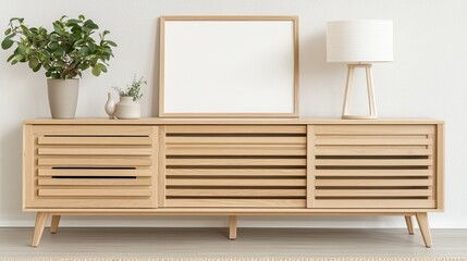 A stylish wooden sideboard is placed against a beige wall, adorned with a white lamp and a mock-up canvas. An elegant orchid pot adds a touch of nature to the modern space.