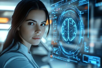 Canvas Print - Cognitive enhancement Synaptic transmission Woman in a high tech environment with holographic brain display representing the intersection of science and human cognition