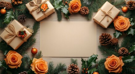 Wall Mural - Festive holiday display with gifts, roses, and pinecones on a wooden surface