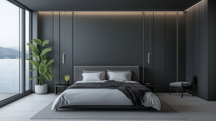 Wall Mural - Modern bedroom with sea view featuring dark gray walls and green plant