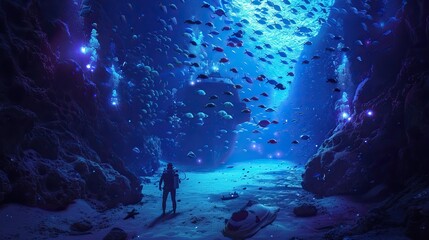 Wall Mural - Diver Exploring Underwater Cave with Bioluminescent Light