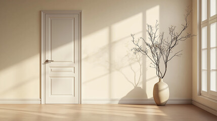 Wall Mural - Empty room with sunlight casting shadows on wall from window and vase