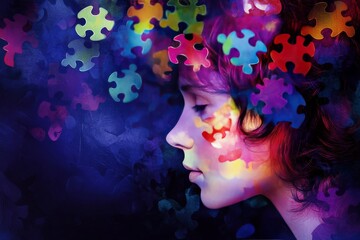 Wall Mural - Memory storage Synaptic transmission Colorful abstract portrait of a woman with puzzle pieces symbolizing the complexity of thoughts and the journey to self awareness