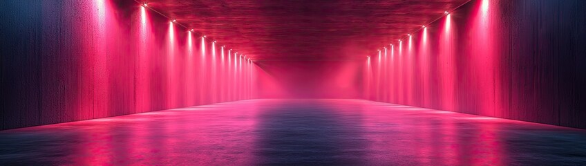 Dark background with lines and spotlights, neon light, and night view. Abstract pink background.