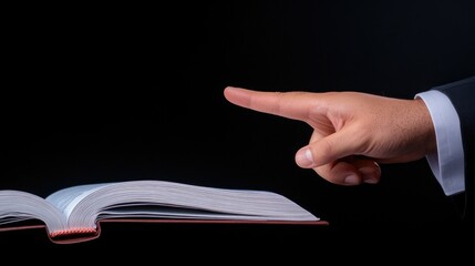 A businessman in formal attire holds an open Bible with one hand while pointing to the text. This moment emphasizes the importance of studying scripture and evoking faith