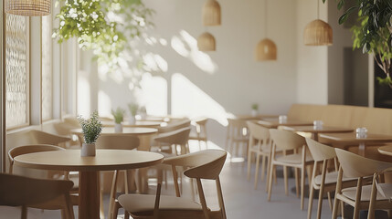 Modern minimalist cafe interior design with wooden furniture