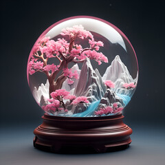 snow globe decorated with cherry blossoms, AI Generated