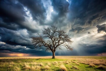 Wall Mural - Lonely withered tree against dark clouds in forced perspective