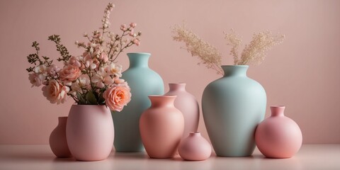 Wall Mural - Pastel colored vases and decor on a pink background.