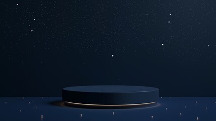 Poster - A minimalist 3D podium with ample empty space on top, set against a rich navy blue background, with subtle star-like lights to highlight space and astronomy-themed advertising