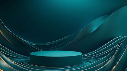 Poster - An elegant 3D podium with empty space, set against a deep teal background, framed by gentle flowing wave patterns, perfect for wellness and spa product advertising