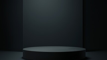 Poster - A minimalist 3D podium with a large empty area, framed by digital glitch effects, set against a dark grey background, perfect for modern tech and gaming advertising