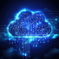 Fototapete - An illuminated cloud symbol representing data storage and connectivity in a digital environment, showcasing modern technology.