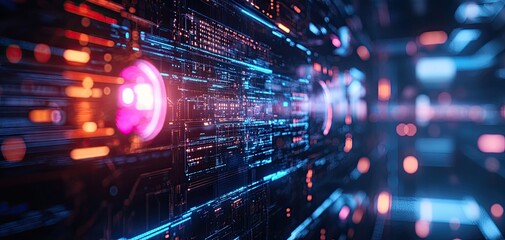 Poster - Vibrant digital landscape with glowing circuits and bright lights, symbolizing advanced technology and innovation.