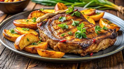 Macro close-up of African braised pork chop with fried plantain