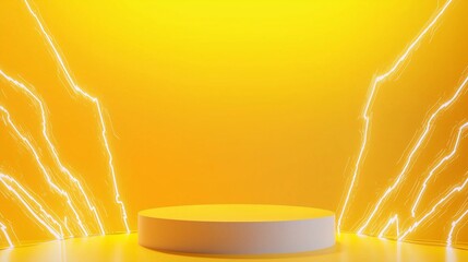 Poster - A modern 3D podium with ample empty space on top, set against a bright yellow background, framed by abstract lightning bolt designs, perfect for energy drink advertising