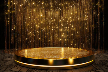 Wall Mural - Shiny gold round pedestal display. Best backdrop for showing your products. Copy space for your design