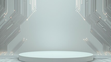 Poster - A minimalist 3D podium with empty space on top, set against a dark teal background, framed by glowing data streams, perfect for cybersecurity advertising