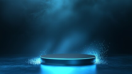 Poster - A sleek 3D podium with a large empty area, surrounded by abstract cloud patterns, set against a bright white background, perfect for cloud computing and tech services advertising