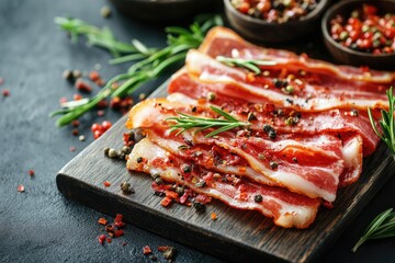 Close-up of crispy bacon slices. Perfect for advertising breakfast foods or meat products.