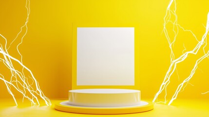 Poster - A modern 3D podium with ample empty space on top, set against a bright yellow background, framed by abstract lightning bolt designs, perfect for energy drink advertising