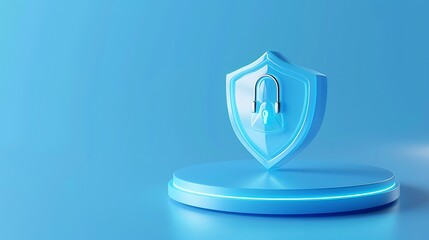 Poster - 3d render of a security shield with a lock on a pedestal, symbolizing online protection and cybersec
