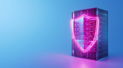 Poster - 3D render of a server protected by a neon shield, symbolizing cybersecurity and data protection on a blue background.