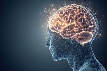 Wall Mural - Brain function Neuroplasticity Side profile of a person with a glowing brain representing the power of thought and the light of understanding