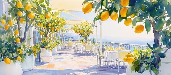 Watercolor illustration of a restaurant featuring lemon trees The scene includes ripe lemons plants a terrace with a table setup chairs a parasol and a view of the sea under a bright sky