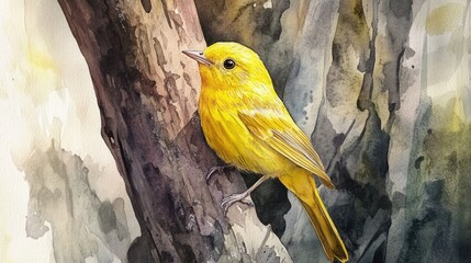 Watercolor illustration of a yellow bird perched on a tree