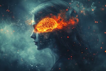 Canvas Print - Neuropsychological testing Neuroplasticity Womans face surrounded by fiery elements symbolizing the intense emotions and explosive thoughts within the human mind