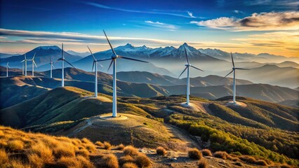 Mountain landscape with wind turbines, green energy and environmental conservation