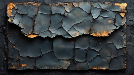 A close-up of a black envelope with a cracked and peeling surface. The envelope is in the shape of a rectangle and has a flap on the top. 