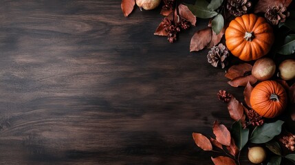 A festive autumn-themed arrangement featuring pumpkins, pine cones, leaves, and fruits on a dark wooden table, encapsulating the essence of the fall season.