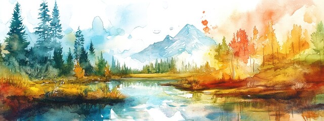 Wall Mural - Watercolor illustration of a vibrant landscape in a natural setting