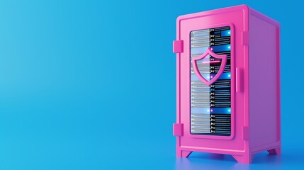 Poster - A data server secured inside a pink safe, representing data protection and cybersecurity, against a blue background.
