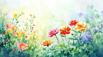 Wall Mural - Watercolor illustration of vibrant flowers in a sunny garden Ideal for beauty decoration and agricultural concept design