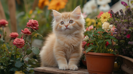 A cute fluffy kitten sits in a blooming rose garden