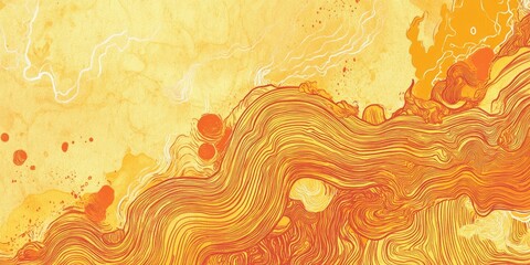 Poster - Line art illustration of textured wallpaper featuring summer copper ink in a Chinese art style with mustard lava stripes and chaotic doodles in sunny fire colors