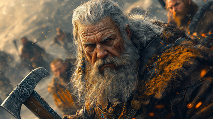 elderly dwarf warrior with a battle-worn face holding an ornate axe amidst a fierce battle under a blazing sky