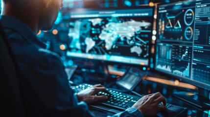 Wall Mural - Close-up of a businessman's hands working on a modern computer with digital data at his desk in the office. Concept of office work, technology.