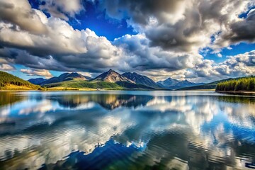 Sticker - panoramic landscape of lake, mountain, and cloudy sky silhouette