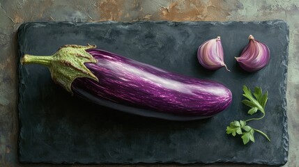 Wall Mural - Oil painting depicting an organic eggplant on a black slate stone board emphasizing food artistry and natural produce