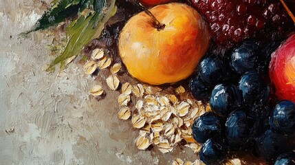 Wall Mural - Close up oil painting depicting grains of oats and oatmeal accompanied by assorted fruits