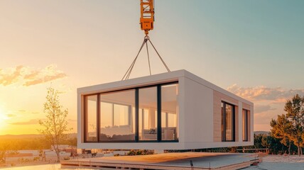 A modern house being lifted by a crane at sunset, showcasing innovative architecture and construction techniques.