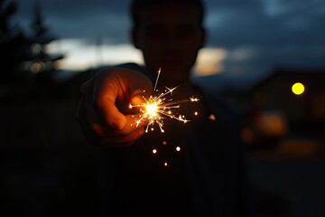 Sticker - A hand holds a lit sparkler in the dark. This photo can be used for a celebration, party, or holiday theme.