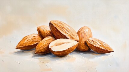 Wall Mural - Oil painting depicting almonds isolated on a white background