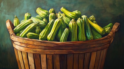 Still life oil painting of a bushel basket filled with fresh okra showcasing a vibrant market scene